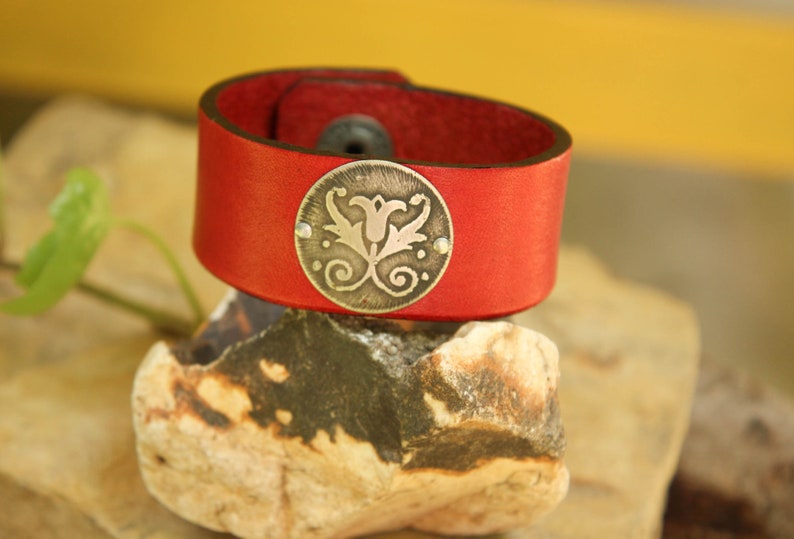 Leather cuff bracelet, cuff bracelet, leather bracelet, red leather bracelet, leather & silver cuff, red leather cuff image 2