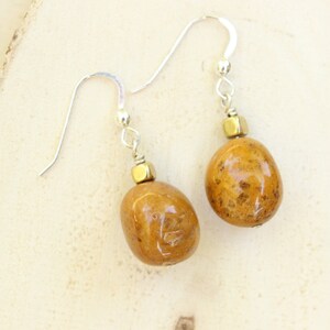 Sterling silver, brass & camel jasper earrings unique handmade jewelry