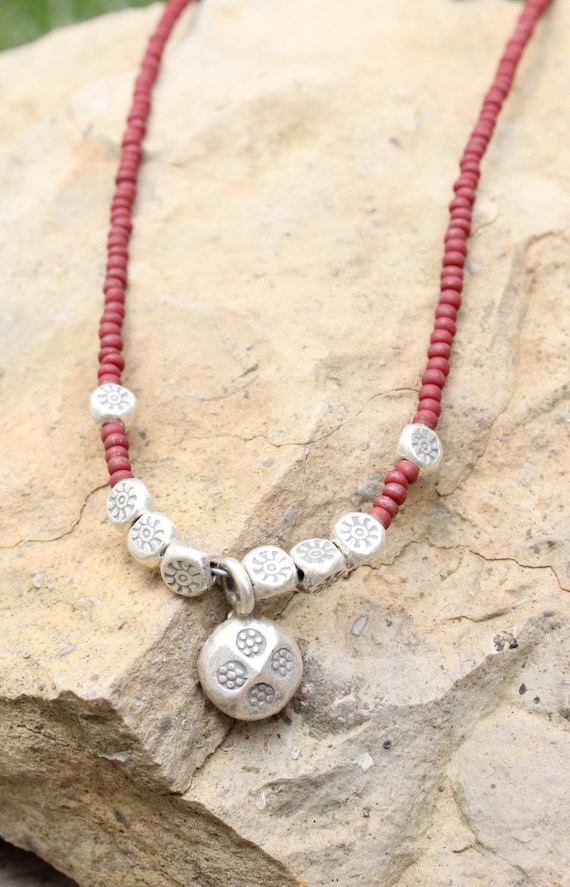 Matte Red Seed Beads and Karen Hilltribes of Thailand Pure Silver