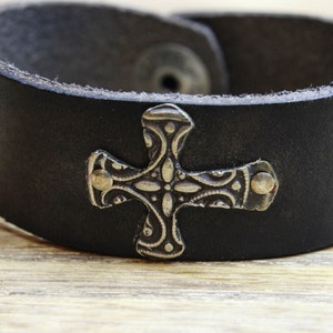 Leather cuff bracelet, handmade jewelry, sterling silver & leather cuff, cross leather cuff, black leather bracelet, spiritual jewelry