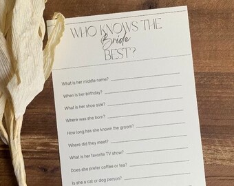 Minimalist Bridal Shower Game: Who Knows the Bride Best (Set of 10)