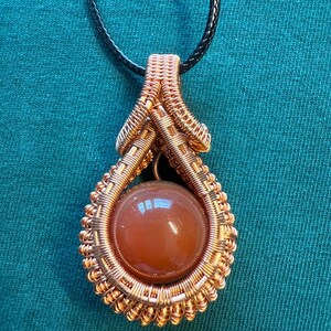 Handmade Copper Wire Wrapped Carnelian Pendant on Cord Necklace