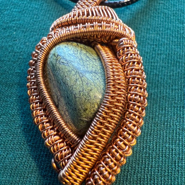 Handmade Copper Wire Wrapped Serpentine Pendant on Cord Necklace