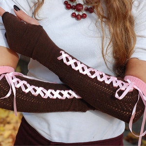 Hand warmers, long fingerless gloves, wrist warmers, arm warmers, handwarmers. Stylish brown with pink sateen...