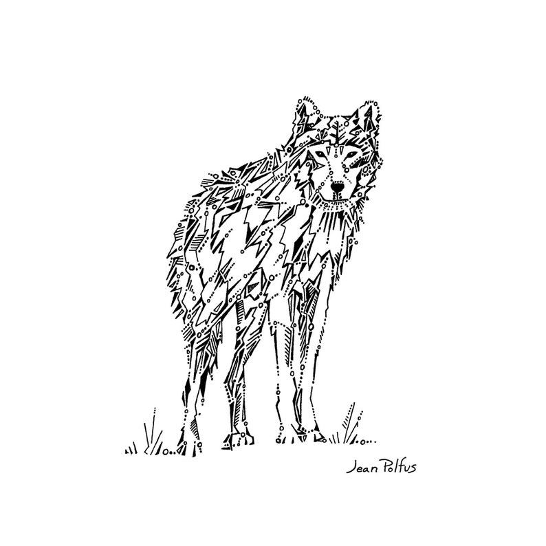 May include: A black and white illustration of a wolf standing on grass. The wolf is created with geometric shapes and lines, giving it a modern, artistic look. The artist's signature, "Jean Polfus," is in the lower right corner.