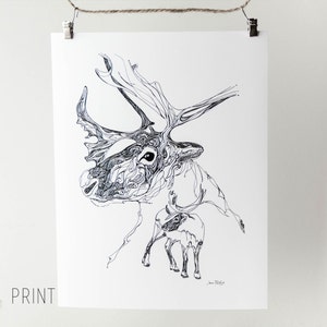 Caribou spirit drawing, caribou illustration, line drawing, reproduction of original drawing, animal artwork, woodland animals, caribou art image 2