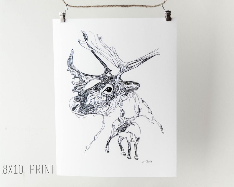 Caribou spirit drawing, caribou illustration, line drawing, reproduction of original drawing, animal artwork, woodland animals, caribou art image 2