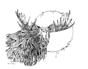 Moon moose drawing, bull moose, moose illustration, woodland animals, moose nursery art, wall decor, wildlife artwork, wildlife drawing