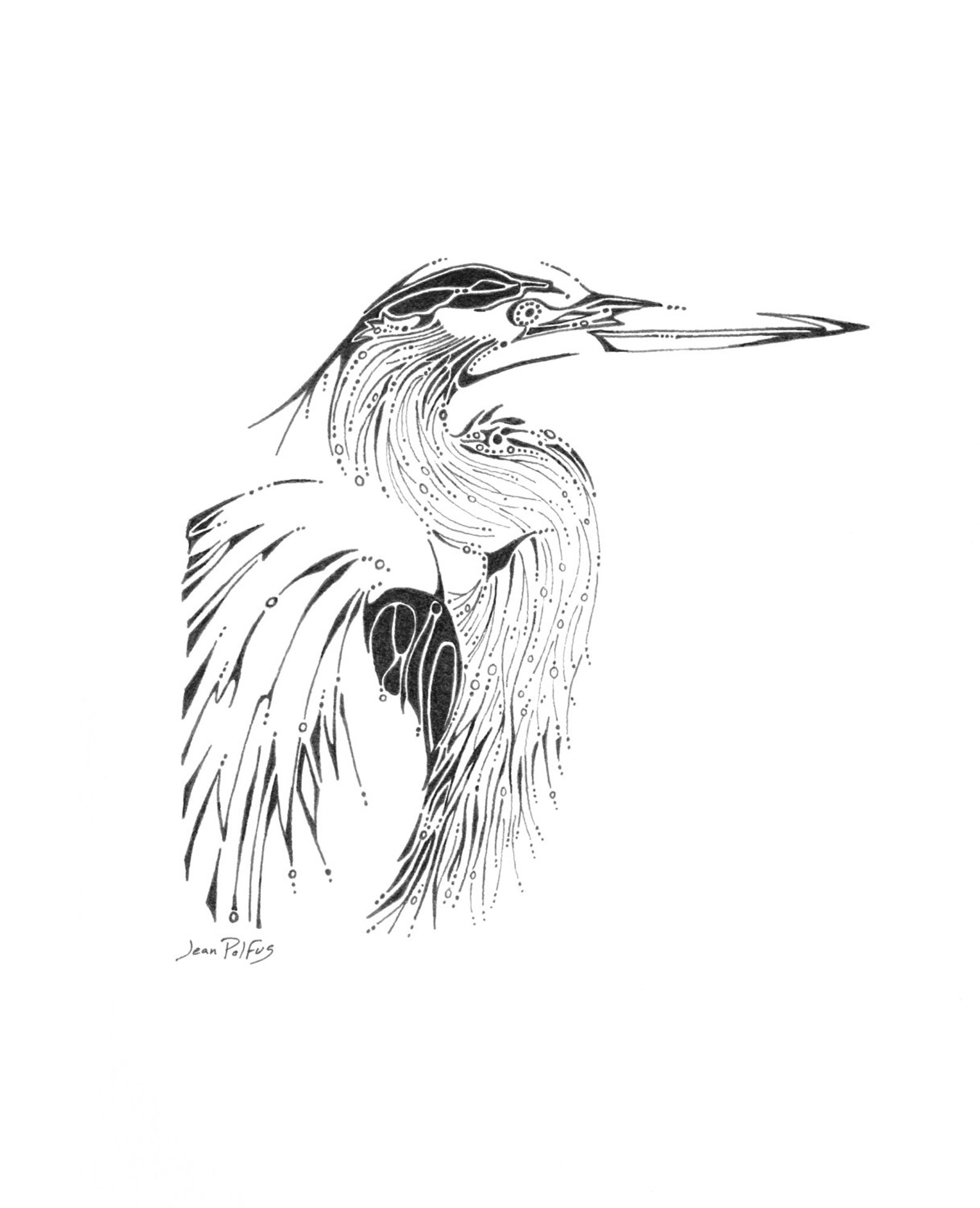 Heron Illustration Fine Line Artwork Black and White Blue Etsy