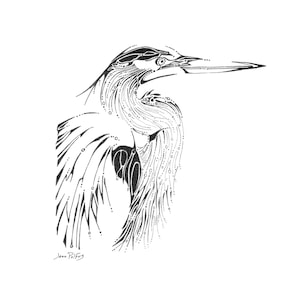 Heron illustration, fine line artwork, black and white, blue heron drawing, wildlife art, bird artwork, nature drawing, great blue heron art