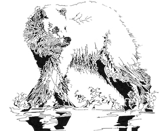 Grizzly bear drawing, bear artwork, wall decor, nursery bear illustration, bear line drawing, nature art, woodland animals, grizzly art