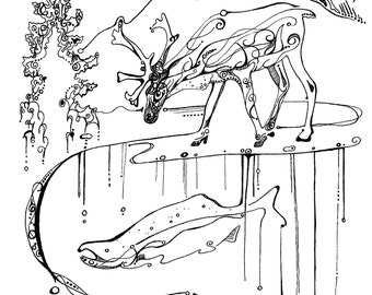 Caribou and salmon illustration, fine line artwork, black and white, caribou drawing, wildlife art, salmon artwork, nature drawing