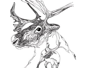 Caribou spirit drawing, caribou illustration, line drawing, reproduction of original drawing, animal artwork, woodland animals, caribou art