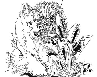 Wolf pup drawing, wolf illustration, wild wolf puppy, fine art print, wolf artwork, wolf wall decor, log cabin decor, wildlife art, animals