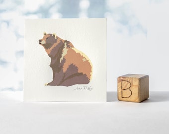 Grizzly bear illustration, woodland animal nursery art, wall decor, child art, bear drawing, 5x5 print of original drawing, nature artwork