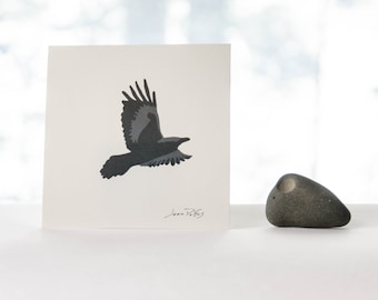 Black raven drawing, illustrated raven wall art, 5x5 print of original drawing, raven wall decor, bird artwork, woodland animal wall art