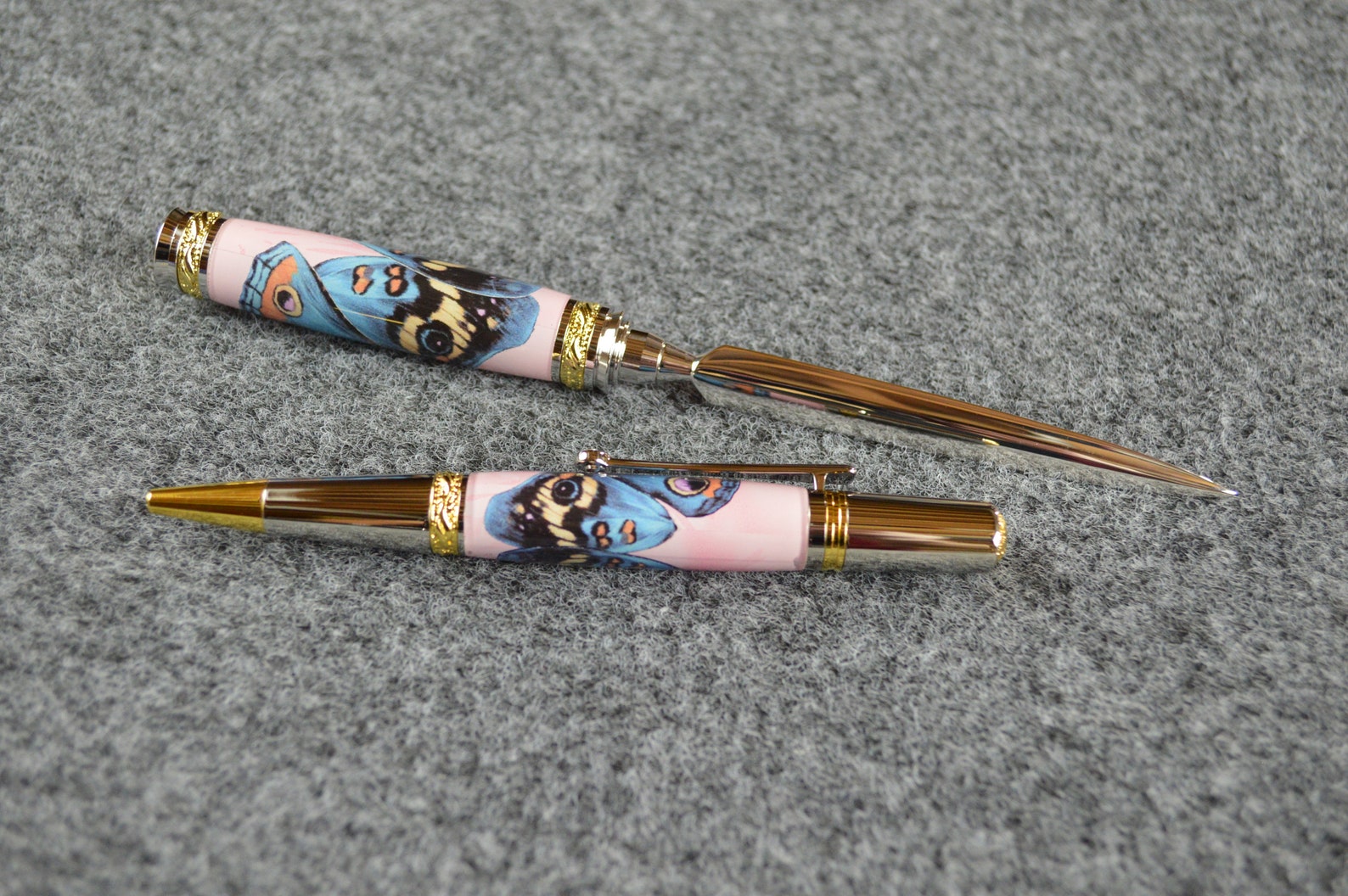 Butterfly Letter Opener Combination Desk Set With Solid Cherry Base