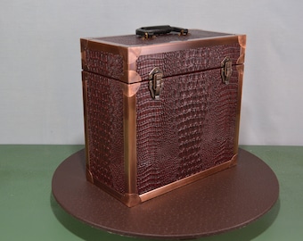 LP Record Storage, Solid Wood Carry Case with Wine Gator Leather and Solid Copper Edging, #0295