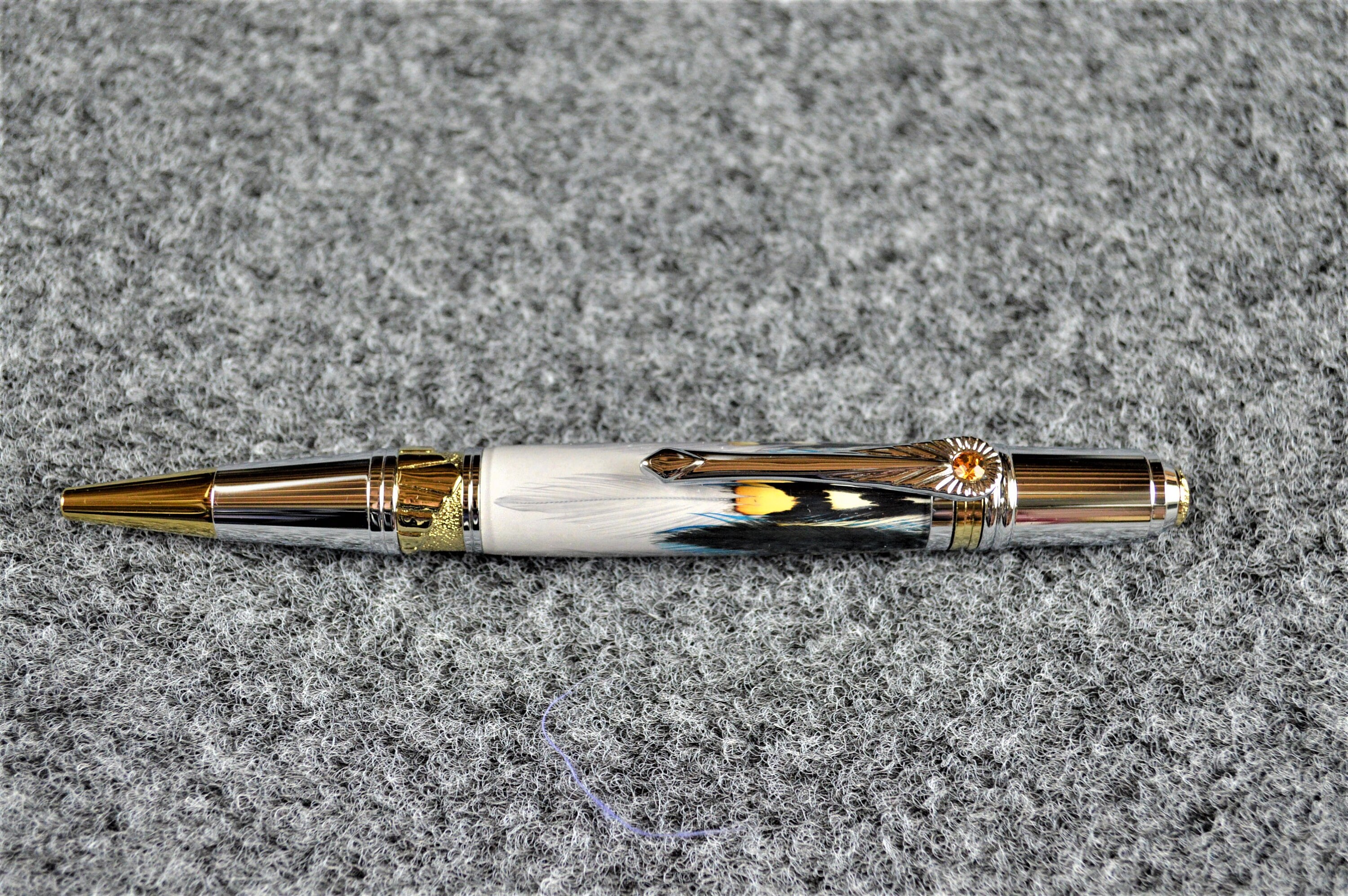 Art Deco Pen Feather Pen, Gold and Rhodium with Blue Feathers 0253