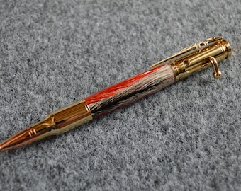 Bolt Action Feather pen with black and orange feathers