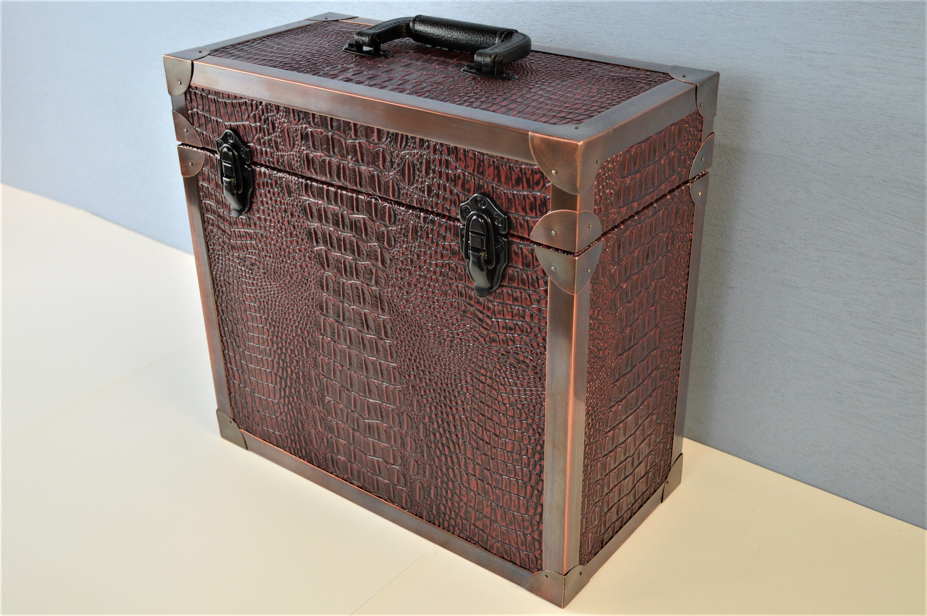 Solid Wood Carry Case with Crocodile Leather and Copper Edging LP Record Storage #0262