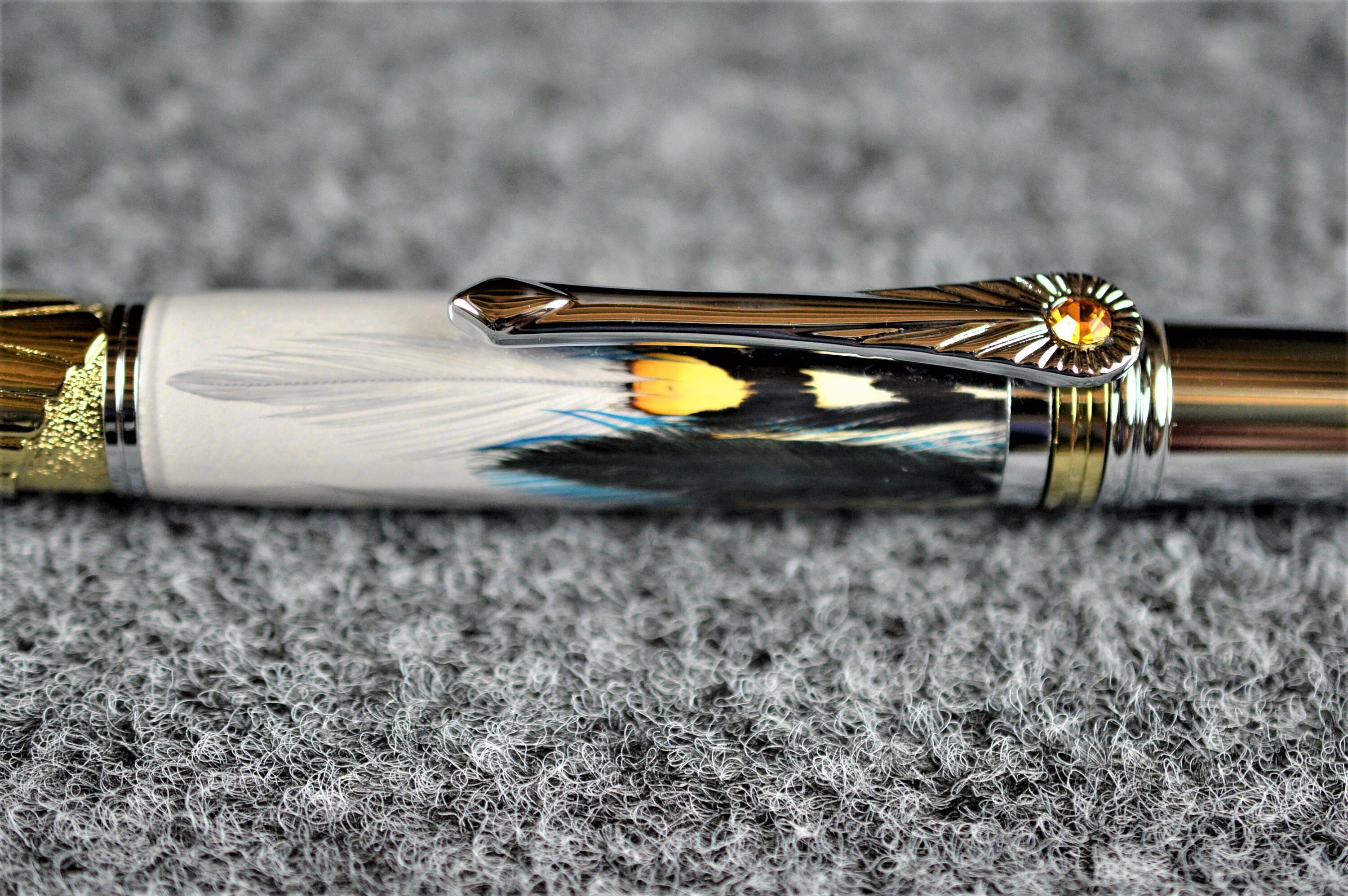 Art Deco Pen Feather Pen, Gold and Rhodium with Blue Feathers 0253