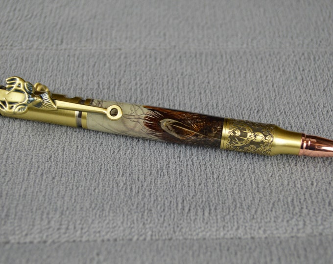 Deer Hunter Bolt Action Pheasant Feather Pen with Brass Finish, 30 Caliber Ballpoint,  #0143