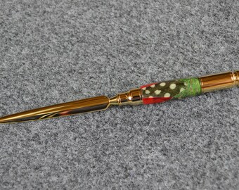 Bullet Letter Opener with Colored Feathers, 30 Caliber Gun Shell,  #052