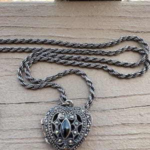 Vintage Sterling Silver .925 Onyx Marcasite Heart Locket On 29” Rope Chain 22G-I Replaced Clasp-Maker Stamped