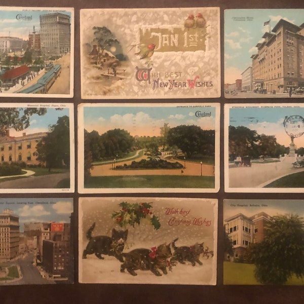 9 Antique Ohio Postcards +2 Christmas Used Postcards 1 & 2 Cent Stamps Early 1900s