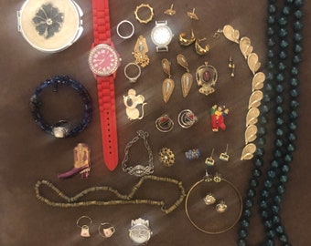 Vintage Costume Jewelry Lot-Earrings-Necklaces-Rings-Bracelets-Pins/Brooches-Compact mirror has a crack, But all are functiona