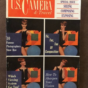 May include: US Camera & Travel magazine cover from February 1964 featuring a special issue on seeing, composing, and exposing. The cover features three women in black swimsuits posing with geometric shapes.