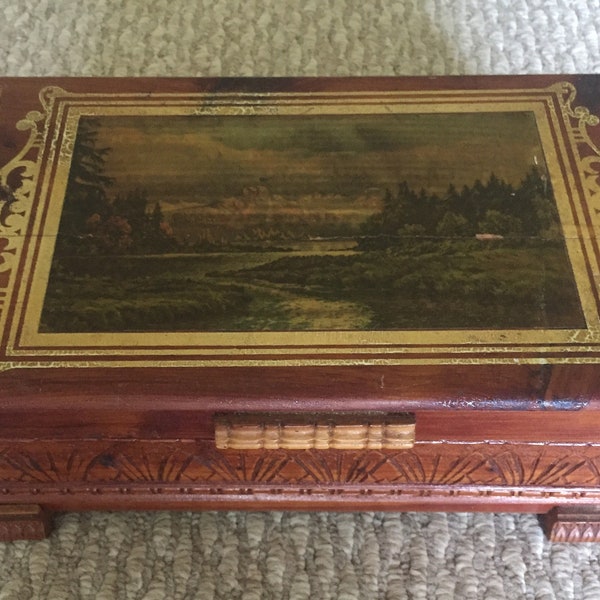 Vintage Detailed Wood Trinket Box Approx 11" X 7"