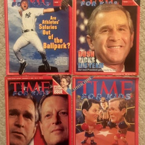 May include: Four covers of Time for Kids magazine featuring articles about athletes' salaries, the 2000 presidential election, and George W. Bush's presidential team.