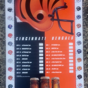 Póster de papel grueso de 18 x 30 pulgadas con el calendario del equipo de los Cincinnati Bengals de la NFL de Budweiser de 1993