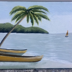 Beautiful Original Vintage Beach/Island/ Nautical Oil Painting On Canvas 22x18”