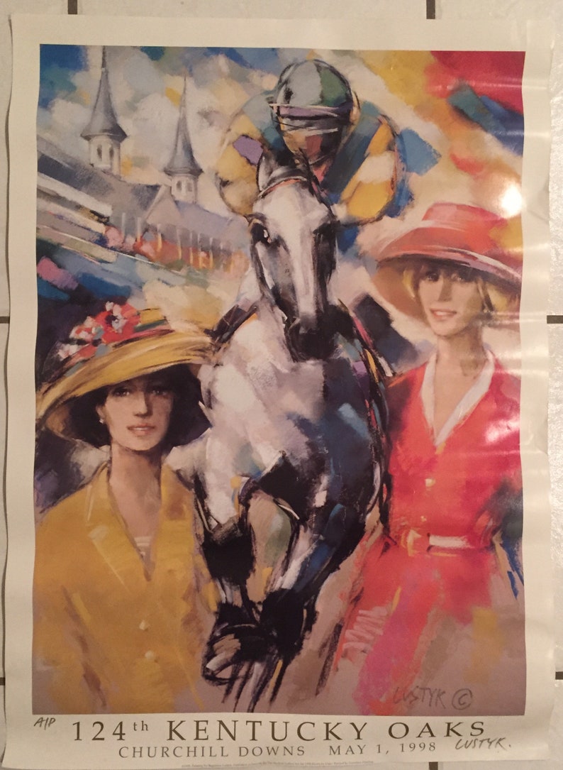 may 1998 20 x 28 Rare 124th Kentucky Oaks Horse Racing 2x Signed Artist Print by Lustyk at Churchill Downs