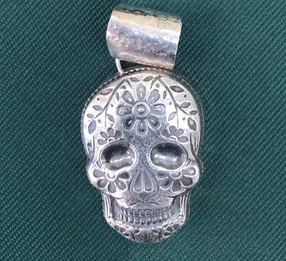 Heavy Unique Vintage Sterling Silver Skull Pendan… - image 1