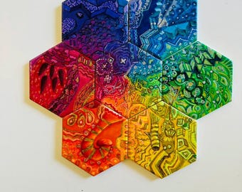One of a kind coasters puzzle with abstract colorful artwork and resin. Rainbow art . LGBTQ gift.