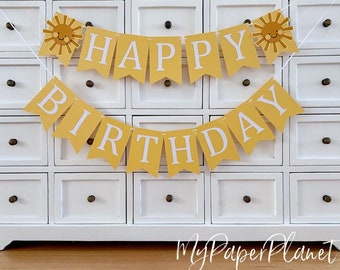 Sunshine Happy Birthday Banner. Add Custom name. Boho sun, first lap around the sun, First Birthday, Cake smash bunting.