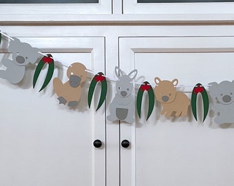 Australian Animal Garland. Koala, kangaroo, wombat, platypus, gum leaf. Banner, bunting, first birthday.