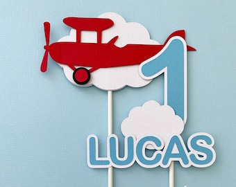 Time Flies Plane Cake Topper. Red aeroplane, airplane, custom name. ONE cake topper, first birthday.