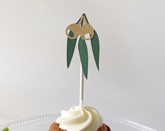 Gum Leaf Cup cake Toppers. Australian birthday, first birthday, botanical, gum nuts. Set 10.