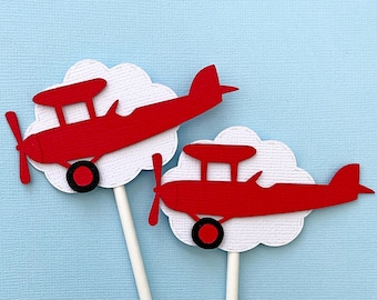 Time Flies Plane Cupcake Toppers. Red aeroplane, airplane, party decor. First birthday.