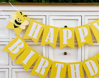 Bumble bee Happy Birthday banner. Honey bee. Add Custom name, personalised party decor.