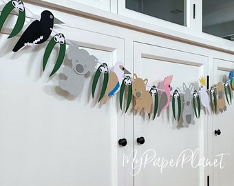 Australian Birds and Animal Garland. Gum leaf, gumnuts. Baby shower, birthday party decor, first birthday banner.