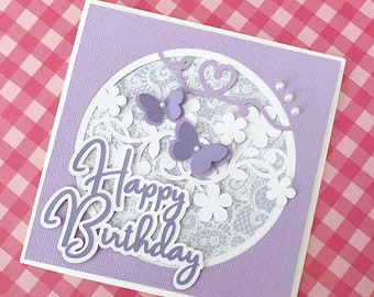 Floral happy birthday card with butterflies, greeting card. Purple, green or red.