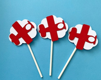 Time Flies Plane Cupcake Toppers. First birthday. Red aeroplane, airplane, party decor.