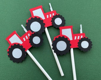 Tractor Cupcake Toppers. Farm party, red or green. Birthday party decor, first birthday.