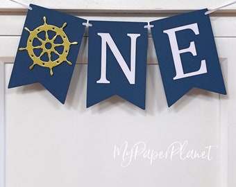 Nautical ONE Highchair banner. Seas the day, Helm, Ship's wheel, First Birthday.